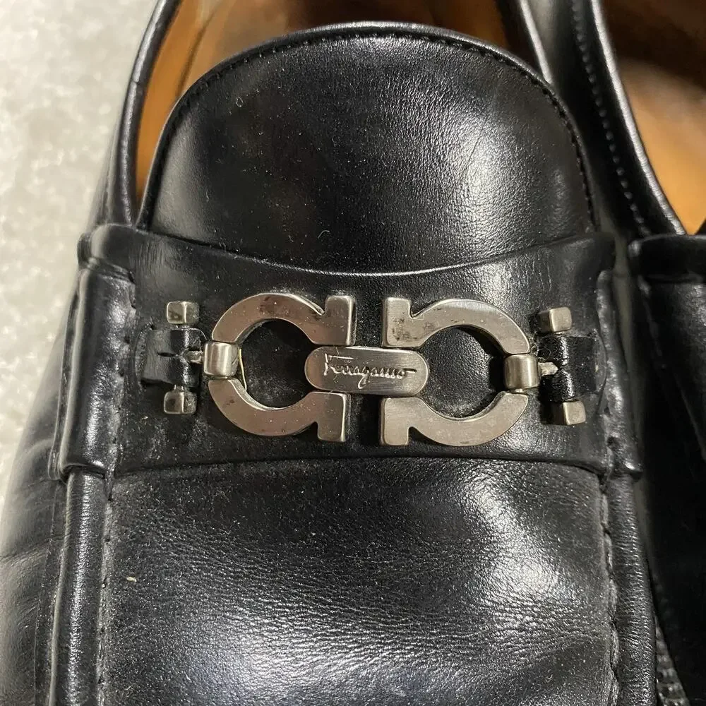 Salvatore Ferragamo Shoes Mens 11.5B Black Leather Gancini Loafers Lug Sole